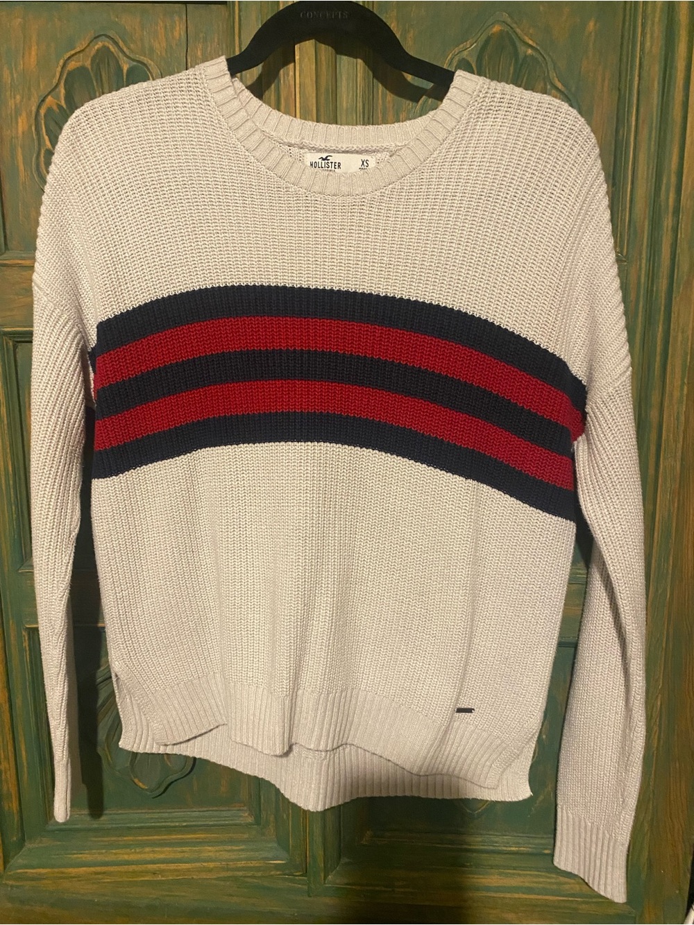 Hollister Cream Crewneck Sweater with Red & Navy Stripes